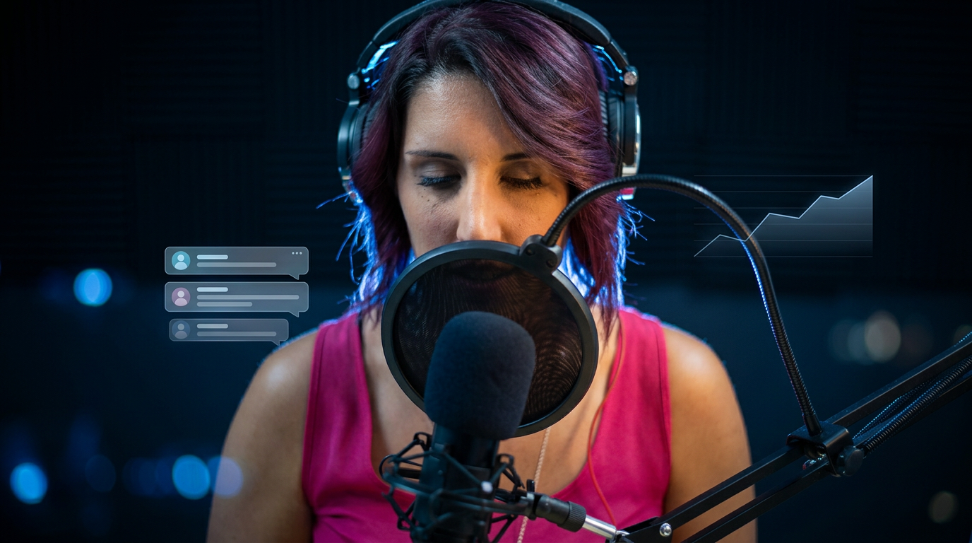 Creador de contenido en un estudio de streaming conectado a una red luminosa de seguidores y métricas de conversión