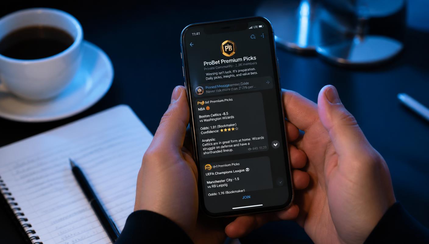 Comunidad privada de Telegram con análisis y pronósticos deportivos en un móvil