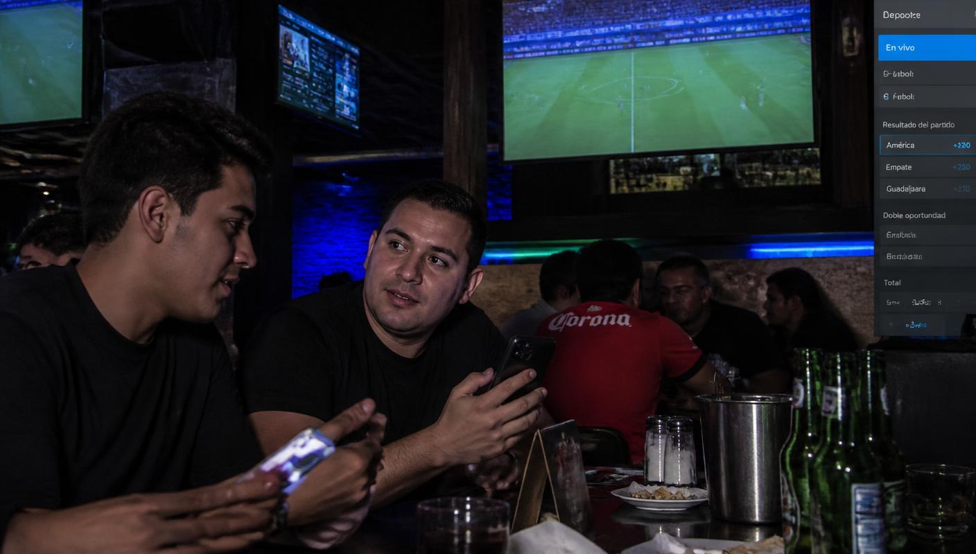 Aficionados siguiendo un partido y consultando cuotas en el móvil en un bar deportivo de México