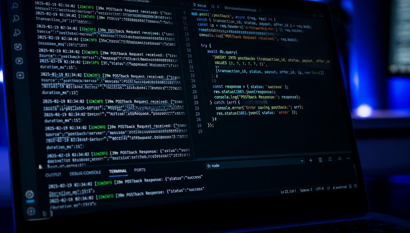 Registros de postbacks server-to-server y código de tracking en la pantalla de un desarrollador